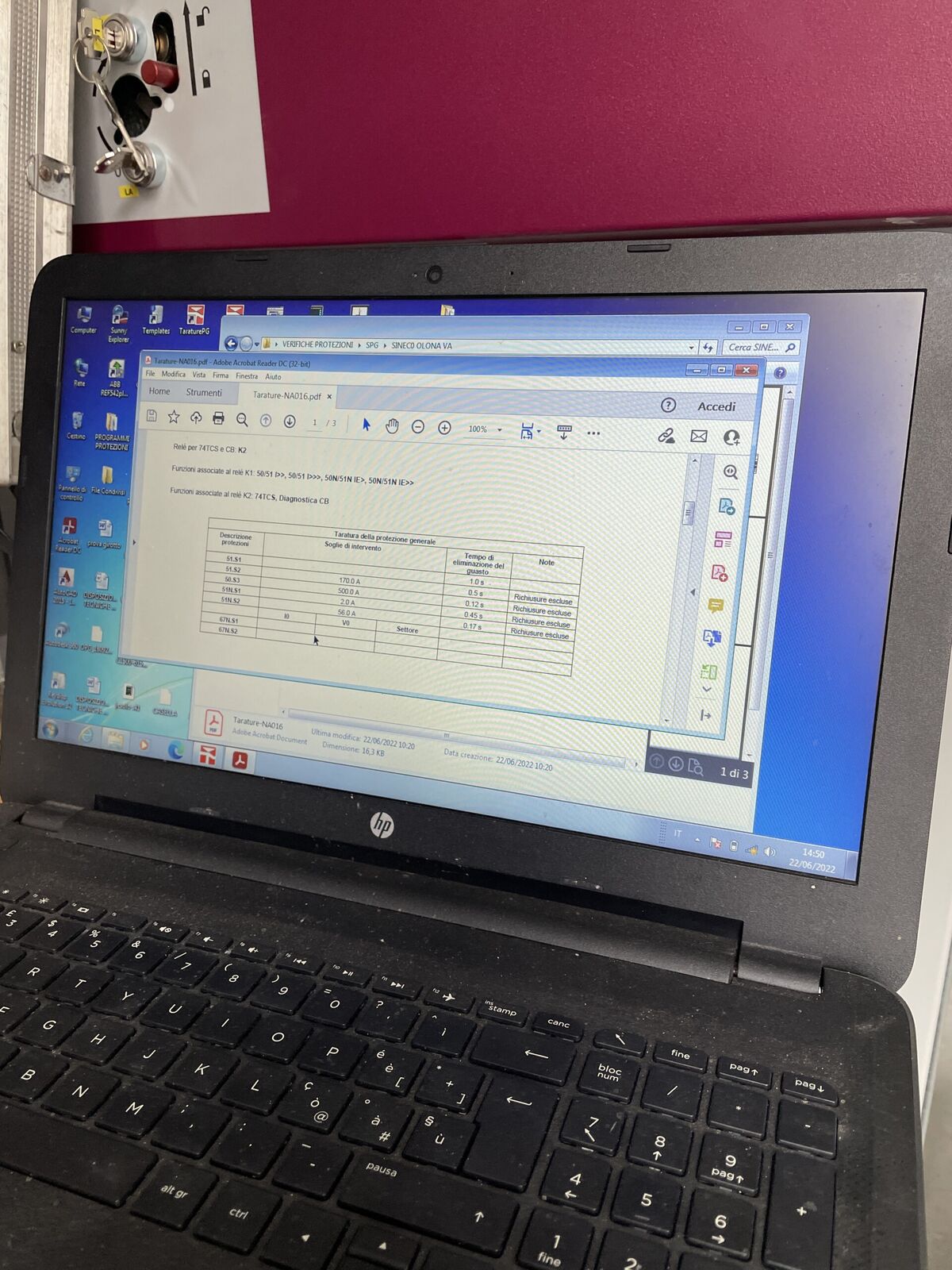 Software della cassetta prova relè durante la taratura